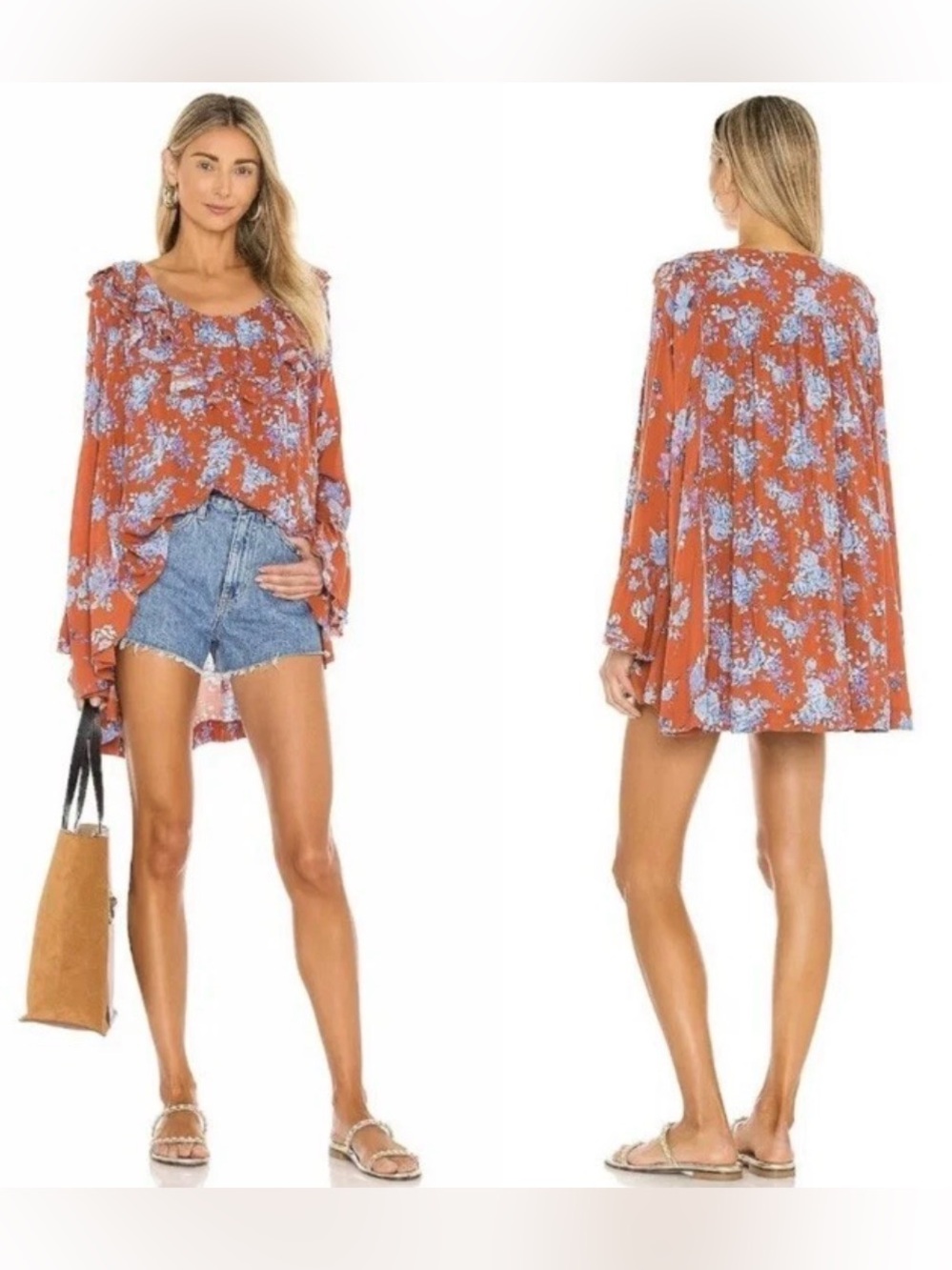 Free People Rust Orange Floral Peasant Blouse with Lavender Blue Print